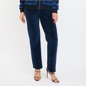 Versace Velour Baroque Straight Leg Leather Accent Trousers Black Blue Snakeskin